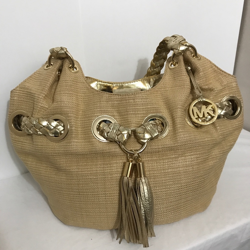 Micheal Kors Gold Metallic Fringe Wicker Hobo Bag